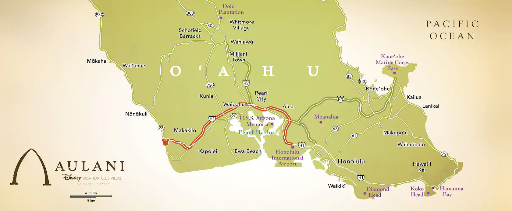 ホノルル国際空港からアウラニ・ディズニー・リゾート＆スパまでの地図