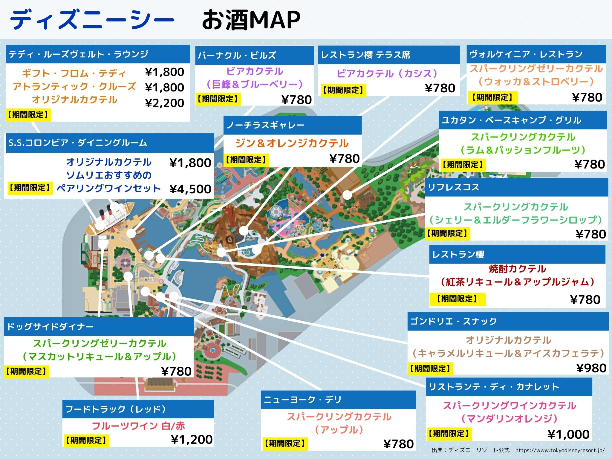 【2024年11月7日まで】ディズニーシーお酒（アルコール）マップ