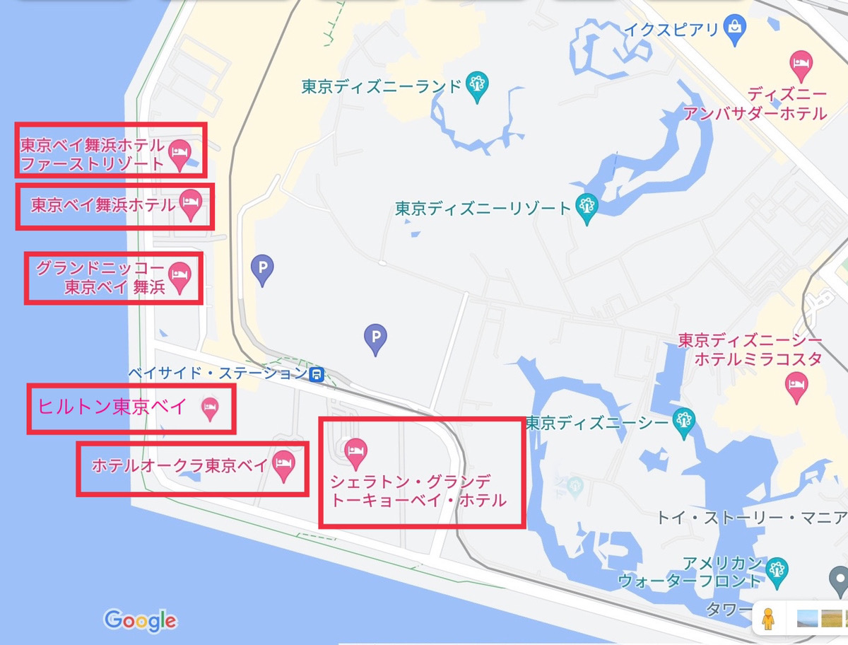 ディズニーオフィシャルホテルの場所（Google Mapより）